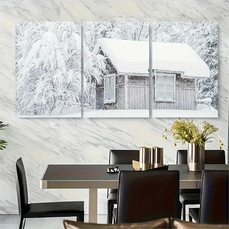 3pcs Snowy Forest Cabin with Snow-covered Roof Metal Print Ready to Hang Art