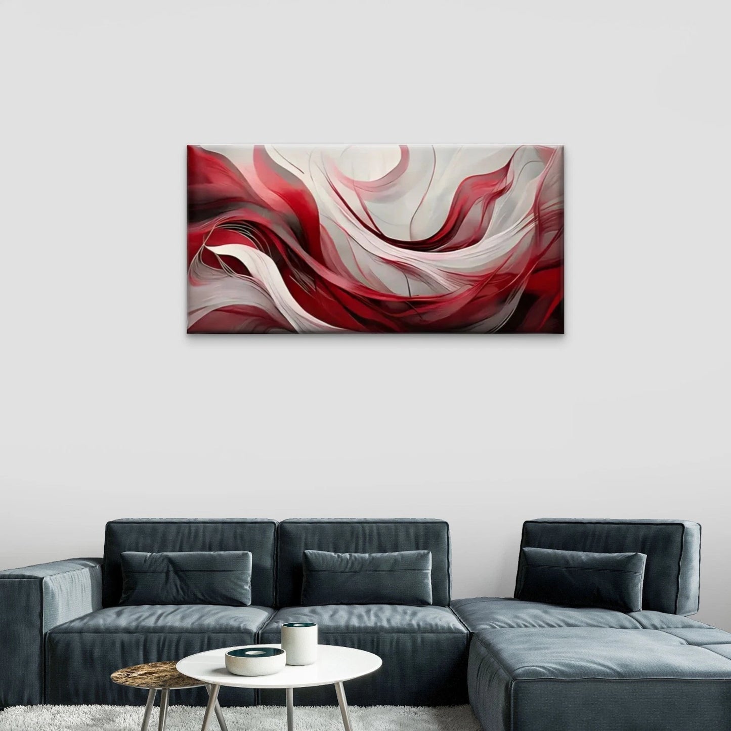 White Swirls Red White Abstract Wall Art Canvas Office Home Room Framed 120x60cm
