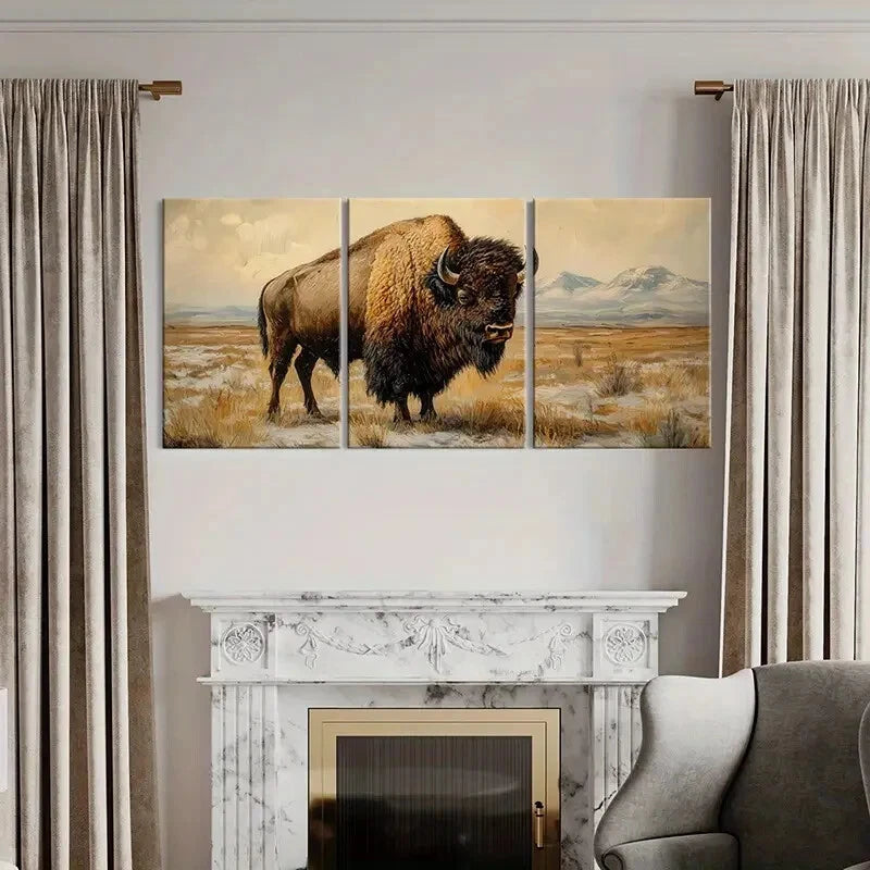 3pcs Artistic Bison Landscape Wilderness Metal Print Ready to Hang Art - Bella Home Decor