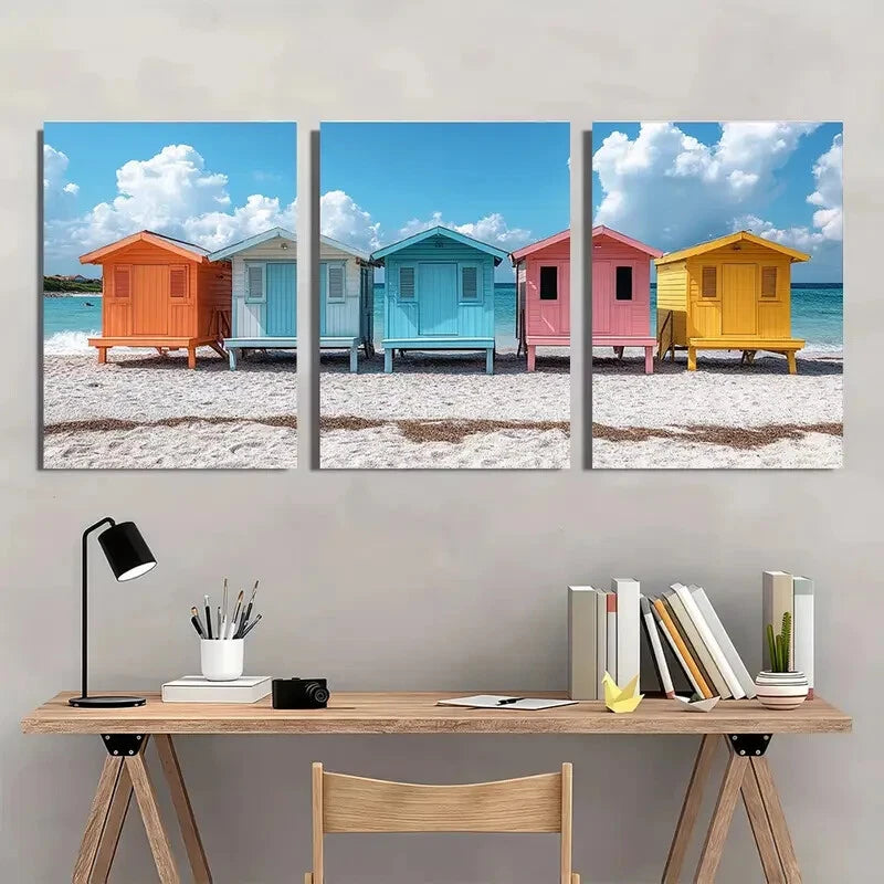 3pcs Summer Seaside Art Coastal Beach Huts Metal Print Ready to Hang Art - Bella Home Decor