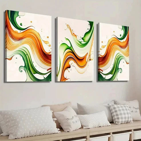 3pcs Burnt Orange & Emerald Green Wavy Wall Art Set Canvas Unframed - High Quality Print 100% Australian Made Wall Canvas - Bella Home Decor