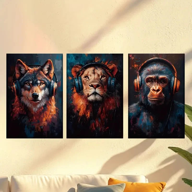 3pcs Wolf Lion Orangutan Wearing Headphones Wall Art Set Canvas Framed 50x70cm - High Quality Print 100% Australian Made Wall Canvas Ready to Hang