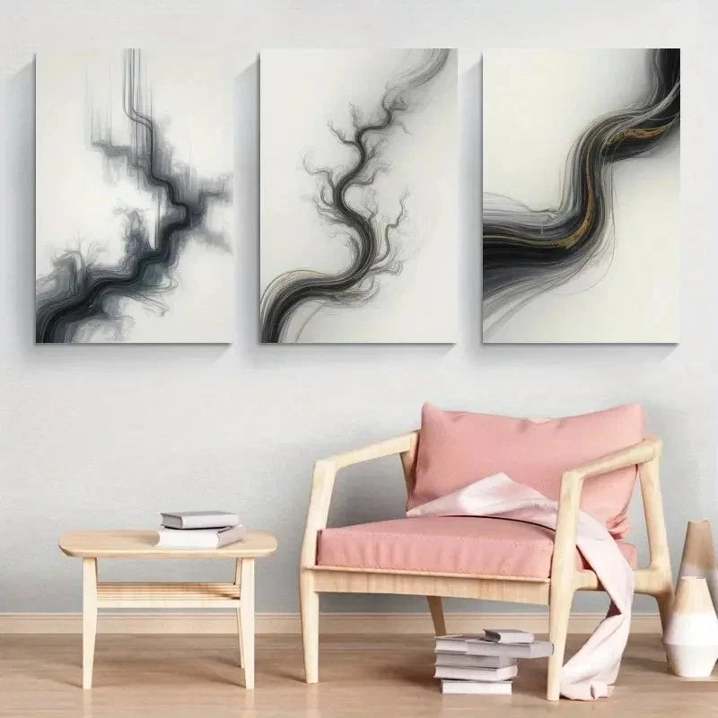 3pcs Black & White Swirls Home Deco  Wall Art Set Canvas Framed 50x70cm - High Quality Print 100% Australian Made Wall Canvas Ready to Hang - Bella Home Decor