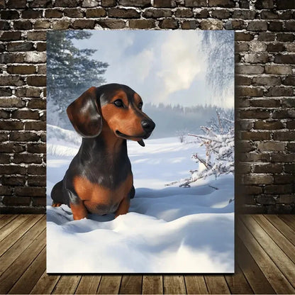 Beautiful Dachshund On The Snow Painting  40x60cm Metal Print Ready to Hang - Bella Home Decor