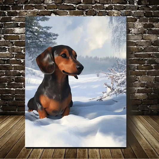 Beautiful Dachshund On The Snow Painting  40x60cm Metal Print Ready to Hang - Bella Home Decor