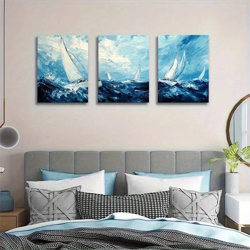 3pcs Blue & White Coastal Abstract Seascape Metal Print Ready to Hang Art - Bella Home Decor