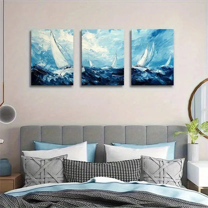 3pcs Blue & White Coastal Abstract Seascape Metal Print Ready to Hang Art - Bella Home Decor