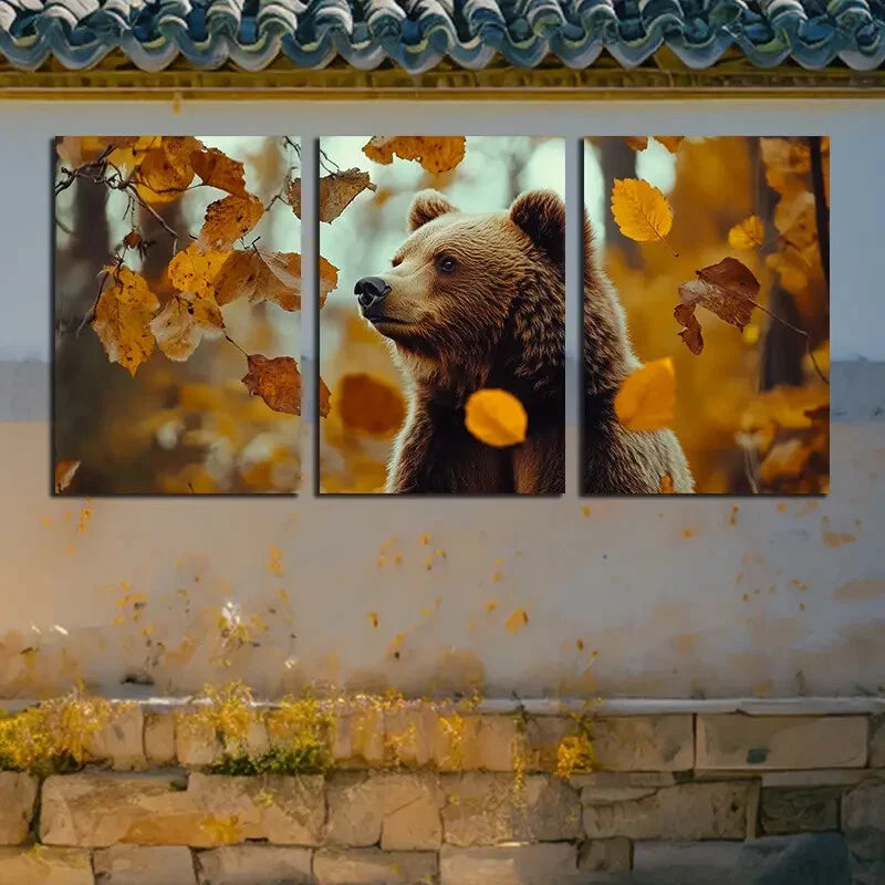 3pcs Rustic Bear in Autumn Leaves Metal Print Ready to Hang Art - Bella Home Decor