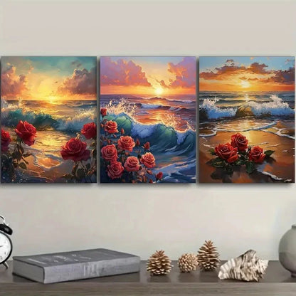 3pcs Featuring a Sunset, Ocean, And Blooming Wall Art Set Canvas Framed 40x60cm - High Quality Print 100% Australian Made Wall Canvas Ready to Hang