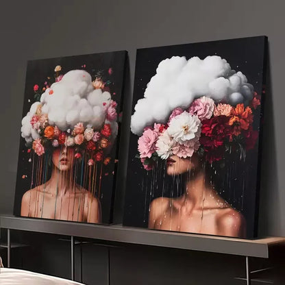 2pcs Surreal Floral Woman & Vibrant Pink and Red Flowers Canvas Framed 50x75cm - High Quality Print 100% Australian Made Wall Canvas Ready to Hang - Bella Home Decor