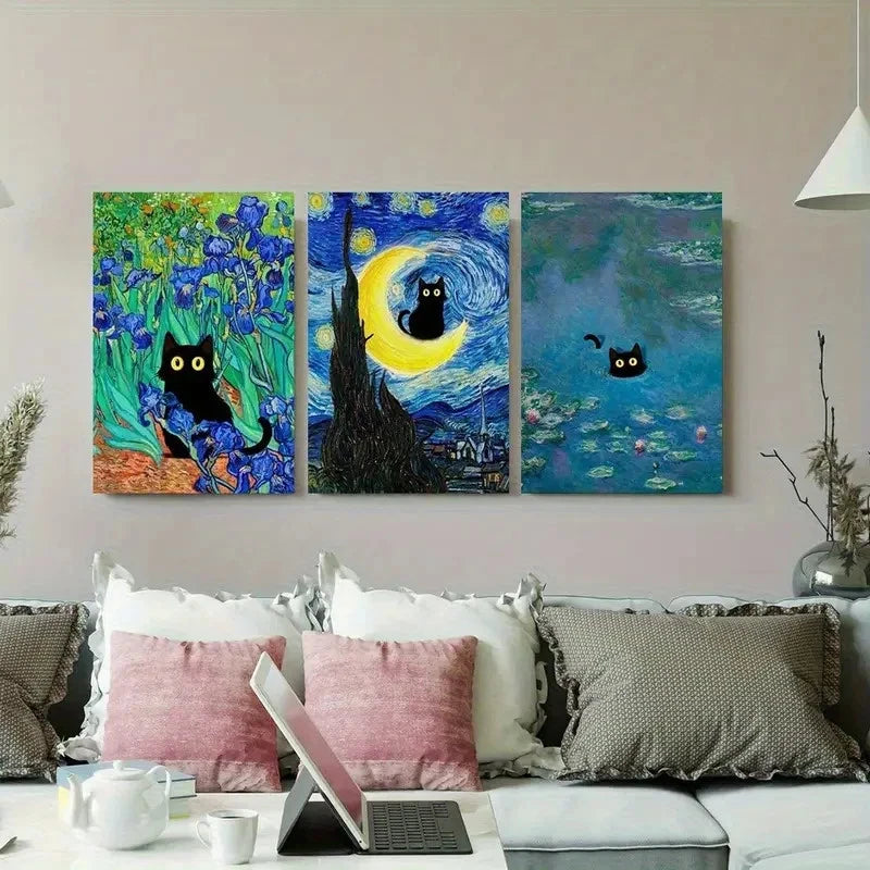 3pcs Black Cat in Famous Artwork Metal Print Ready to Hang Art - Bella Home Decor