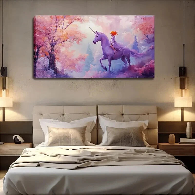 Fairy on Purple Unicorn Cherry Wall Art Canvas Office Home Room Framed 120x60cm - Bella Home Decor