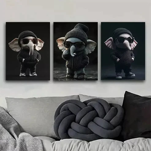 3 PCS Cool Elephant With Knitted Hat And Sunglasses Wall Art Set Canvas Unframed - High Quality Print 100% Australian Made Wall Canvas