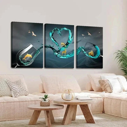 3pcs Stylish Wine Glass & Golden Dolphin  wall  Art Set Canvas Framed 60x90cm - High Quality Print 100% Australian Made Wall Canvas Ready to Hang