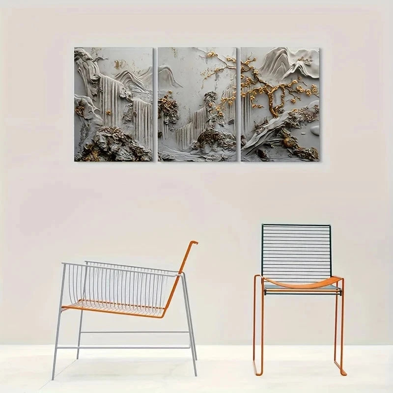 3pcs Abstract Golden Accent Nature Metal Print Ready to Hang Art - Bella Home Decor
