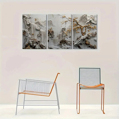3pcs Abstract Golden Accent Nature Metal Print Ready to Hang Art - Bella Home Decor