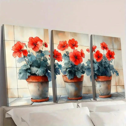 3pcs Watercolor Art Print Red Flowers IU   Wall Art Set Canvas Framed 40x60cm - High Quality Print 100% Australian Made Wall Canvas Ready to Hang