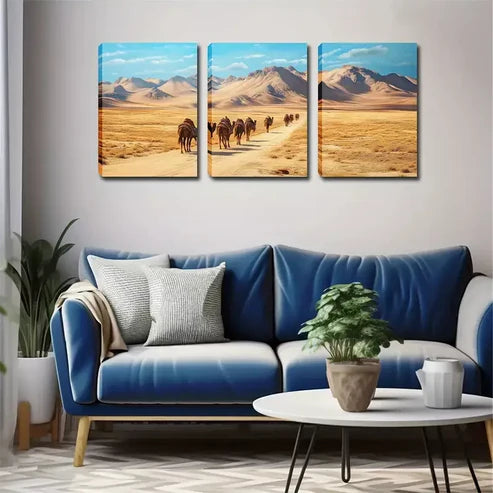 3pcs The Distance Of The Camel Team Wall Art Canvas Unframed - High Quality Print 100% Australian Made Wall Canvas
