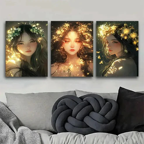 3pcs Glowing Floral Crown Girl Portrait Wall Art Canvas Unframed - High Quality Print 100% Australian Made Wall Canvas - Bella Home Decor