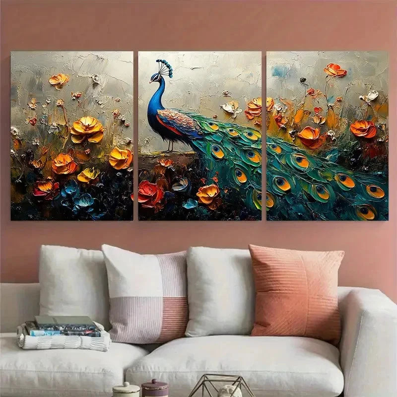 3pcs Vibrant Peacock Bird Impasto Design Metal Print Ready to Hang Art - Bella Home Decor