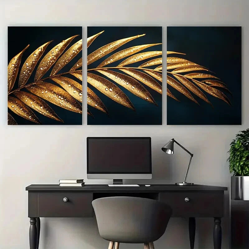 3pcs Elegant Dark Golden Palm Leaf Minimalist Metal Print Ready to Hang Art - Bella Home Decor