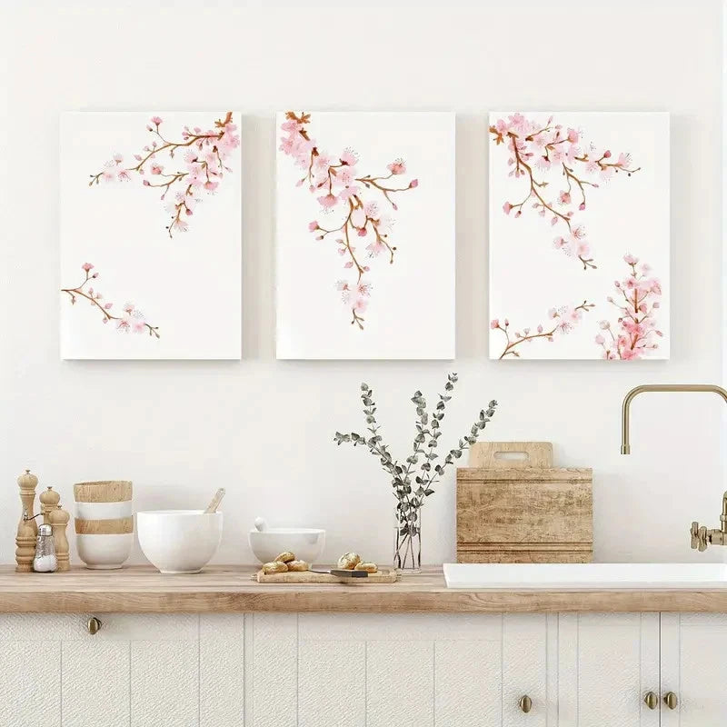 3pcs Cherry Blush Pink Flower Watercolor Metal Print Ready to Hang Art
