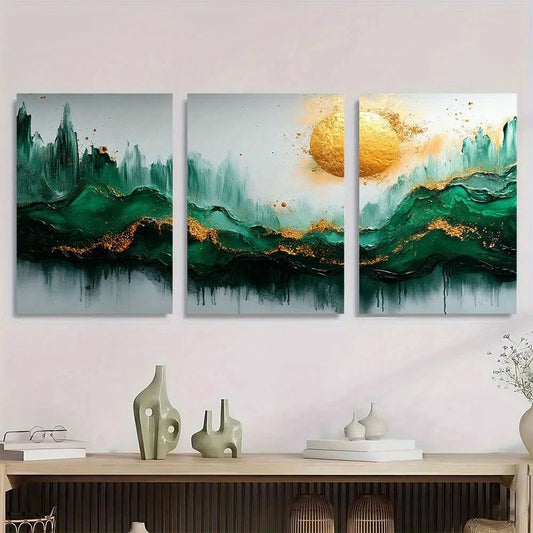 3pcs Green And Silvery Golden Leaf Splashes Metal Print Ready to Hang Art