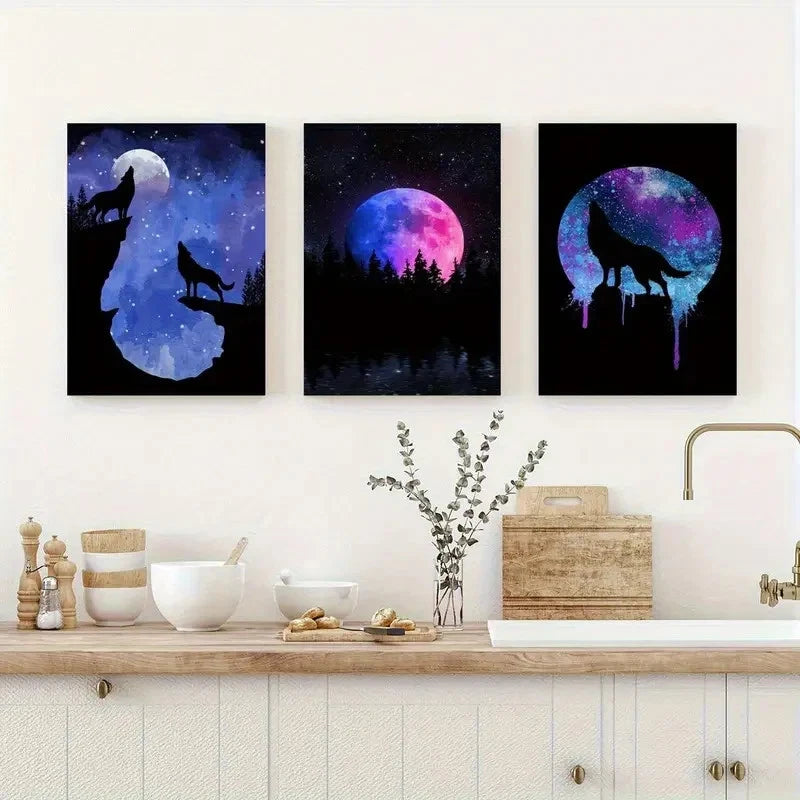 3pcs Midnight Moon Wolf Design Metal Print Ready to Hang Art
