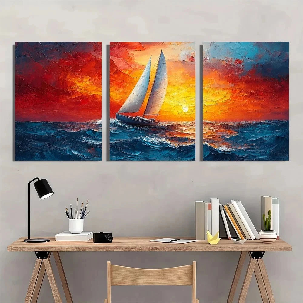 3pcs Ocean Seascape Beach Textured Metal Print Ready to Hang Art - Bella Home Decor