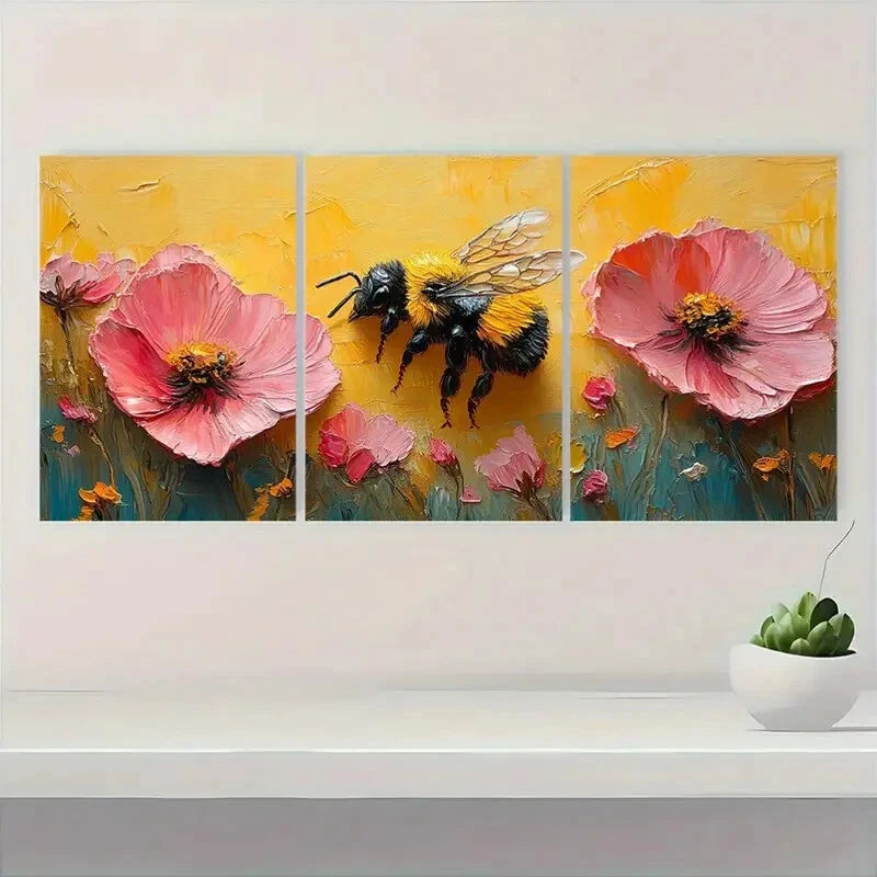 3pcs Colorful Honeybee and Pink Flowers Metal Print Ready to Hang Art