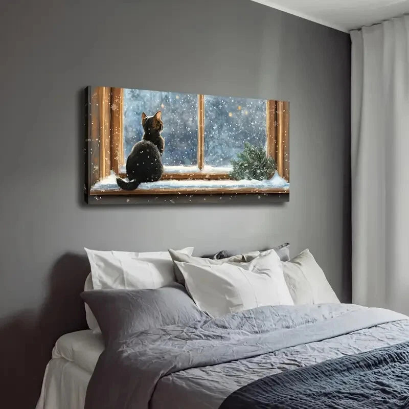 Charming Cat Looking Out Window Wall Art Canvas Office Home Room Framed 120x60cm - Bella Home Decor