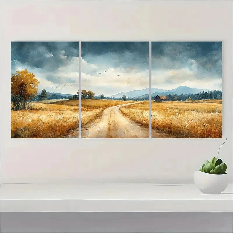 3pcs Watercolor Country Road Metal Print Ready to Hang Art - Bella Home Decor
