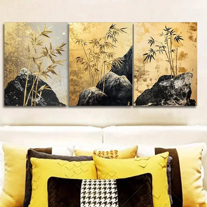 3pcs Golden Bamboo Triptych Painting  Wall Art Set Canvas Framed 40x60cm - High Quality Print 100% Australian Made Wall Canvas Ready to Hang - Bella Home Decor