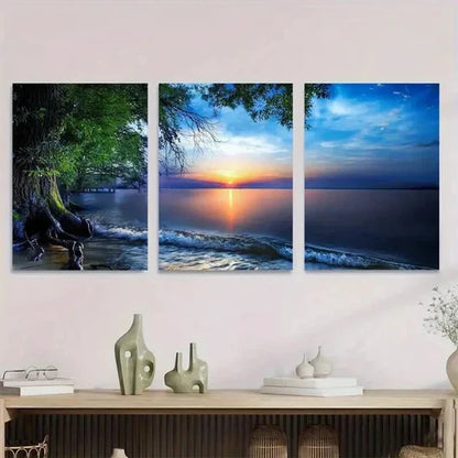 3pcs Sunset Beach Scene with Palm Tree Ocean Wall Art Set Canvas Unframed - High Quality Print 100% Australian Made Wall Canvas