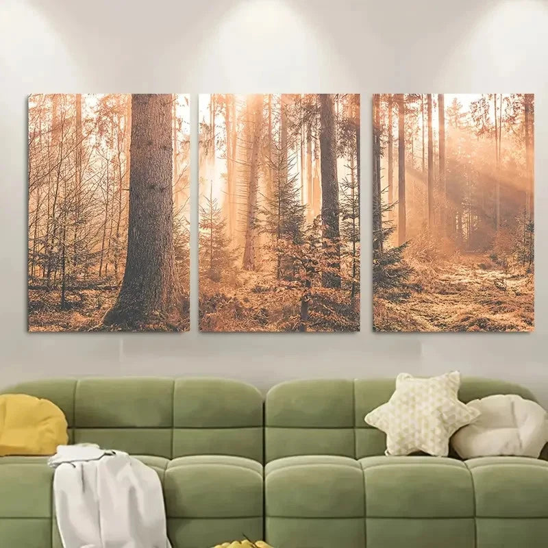 3pcs Vibrant Fall Foliage Scene with Sunlit Trees Metal Print Ready to Hang Art