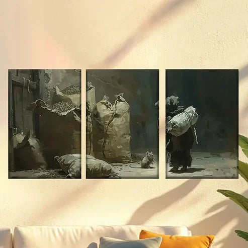 3pcs Rats in the Rice Barn, Detailed Realism Love Wall Art Canvas Unframed - High Quality Print 100% Australian Made Wall Canvas