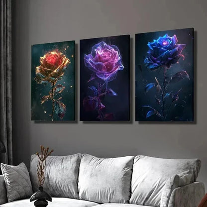 3pcs Fantasy Gold Purple Blue Rose Flower Wall Art Canvas Unframed - High Quality Print 100% Australian Made Wall Canvas