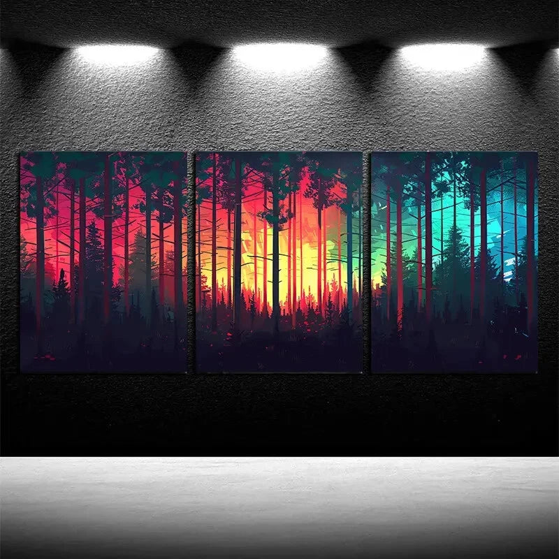 3pcs Midnight Forest Bathed in Ethereal Light  Metal Print Ready to Hang Art