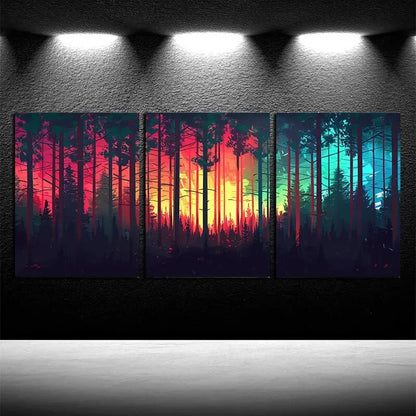 3pcs Midnight Forest Bathed in Ethereal Light  Metal Print Ready to Hang Art
