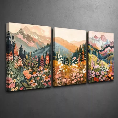 3pcs Floral & Forest Mountain with Wildflowers Art Set Canvas Unframed - High Quality Print 100% Australian Made Wall Canvas