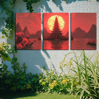 3pcs Vibrant Ancient Pagoda and Moon Metal Print Ready to Hang Art - Bella Home Decor