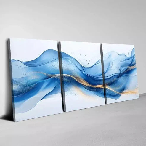 3pcs Beautiful Abstract Blue Gold Line Painting Wall Art Canvas Unframed - High Quality Print 100% Australian Made Wall Canvas