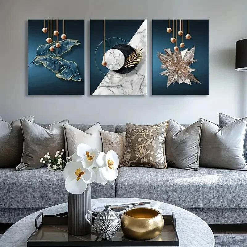 3pcs Blue and Golden Modern Painting Metal Print Ready to Hang Art - Bella Home Decor