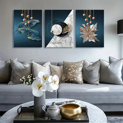 3pcs Blue and Golden Modern Painting Metal Print Ready to Hang Art - Bella Home Decor