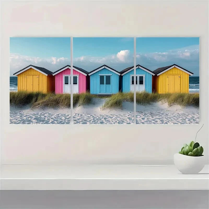 3pcs Pastel Summer Seaside Beach Huts Art Metal Print Ready to Hang Art - Bella Home Decor