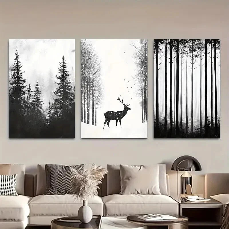 3pcs Deer in Winter Forest Nature Design Metal Print Ready to Hang Art - Bella Home Decor