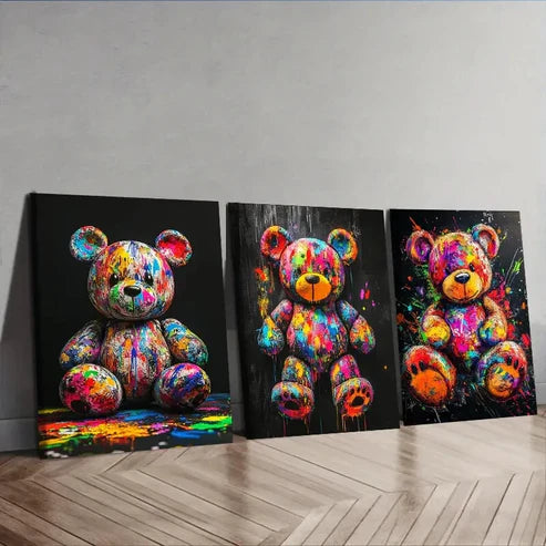 3pcs Colorful teddy bear graffiti Painting Wall Art Set Canvas Unframed - High Quality Print 100% Australian Made Wall Canvas