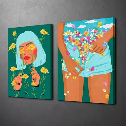 2pcs Floral Mood, So She Did The Girl Wanted to Bloom Canvas Framed 50x75cm - High Quality Print 100% Australian Made Wall Canvas Ready to Hang - Bella Home Decor