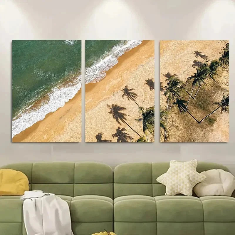 3pcs Ocean Waves Palm Tree Aerial Graph Metal Print Ready to Hang Art