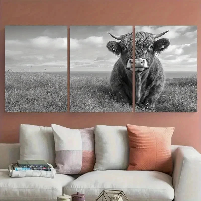 3pcs Black & White Rustic Scottish Highland Bull Wall Art Set Canvas Framed 60x90cm - High Quality Print 100% Australian Made Wall Canvas Ready to Hang - Bella Home Decor